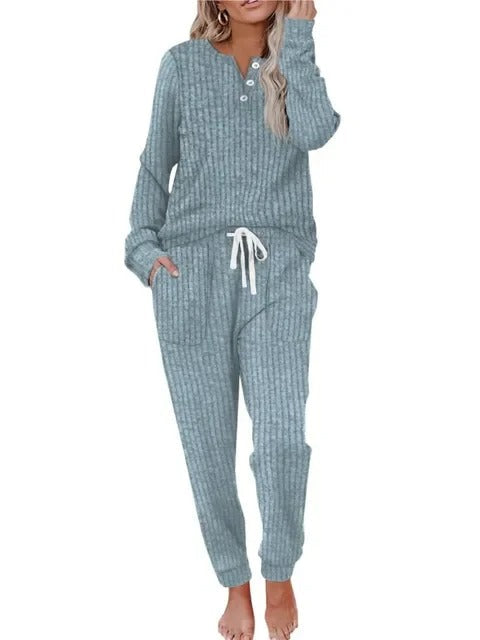 Women's ribbed two-piece loungewear set featuring a button-neck top and comfortable drawstring joggers.