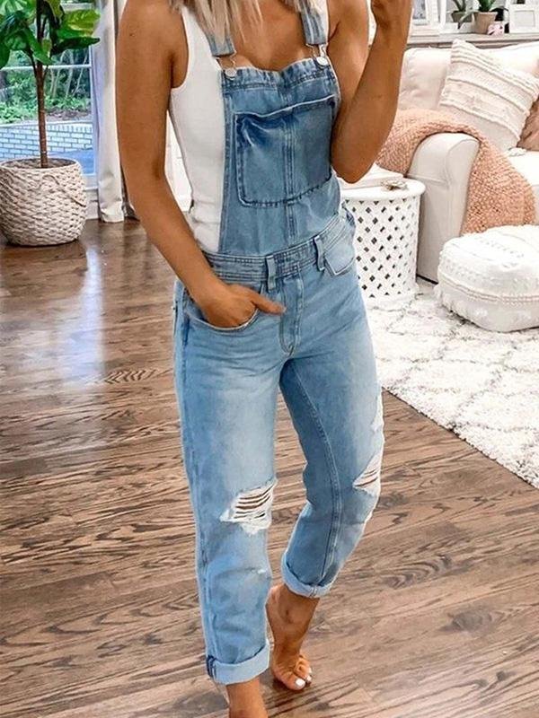 Stylish women's ripped denim jumpsuit, versatile casual wear, ideal for spring & summer outfits. Comfortable fit.
