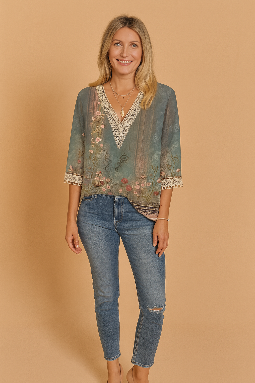 Elegant women's patterned blouse, v-neck, long sleeve. Features delicate lace trim, creating a chic, romantic look.