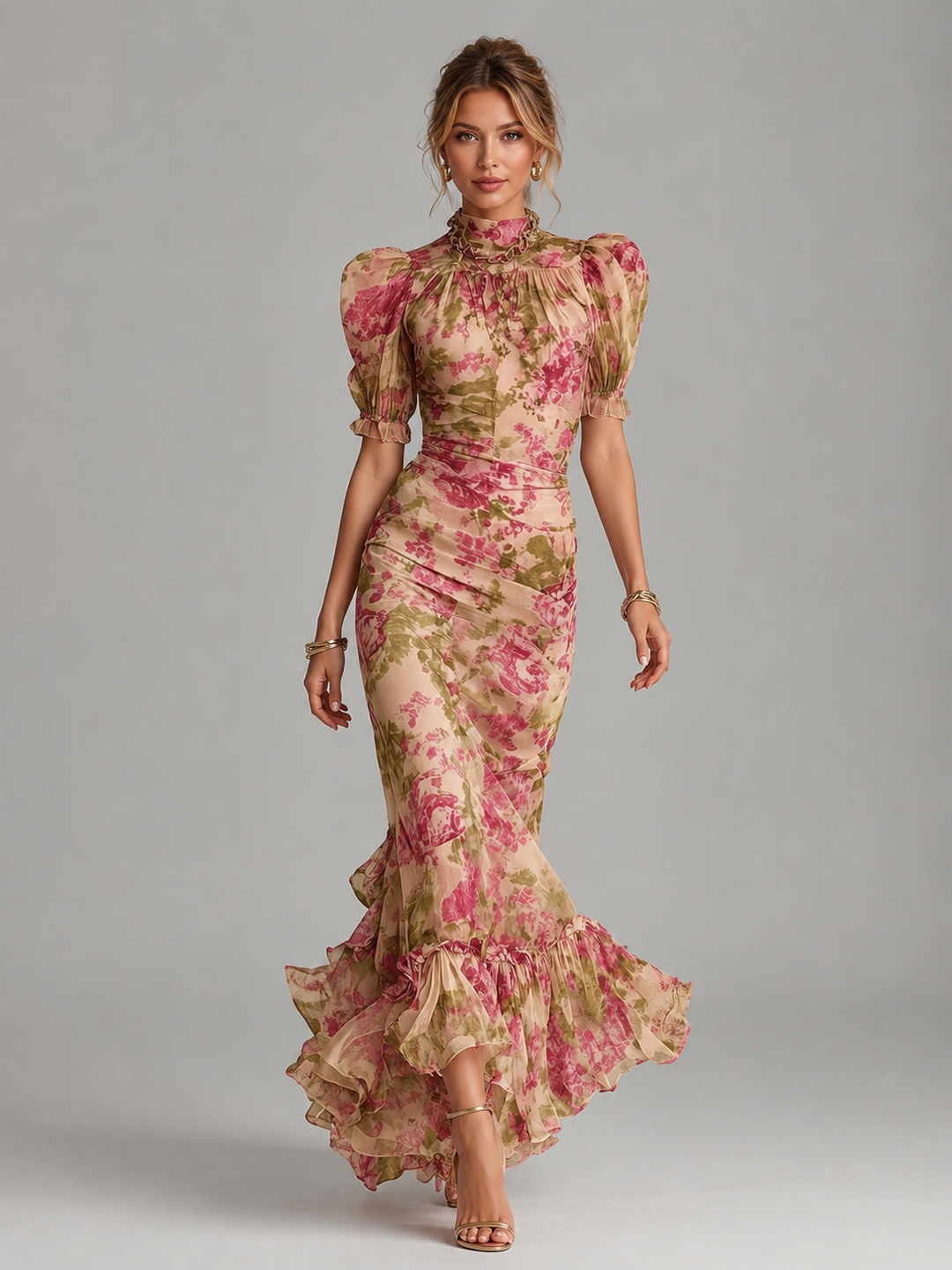 Women's romantic floral maxi dress with puff sleeves & fishtail hem. Perfect for evening or special occasions.