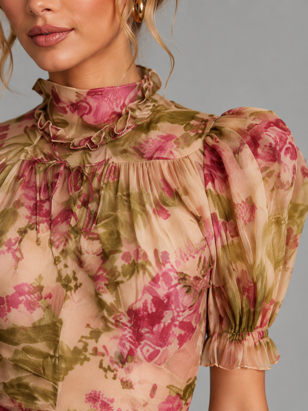Elegant women's floral puff sleeve fishtail maxi dress, ideal for wedding guests, prom, or formal events.