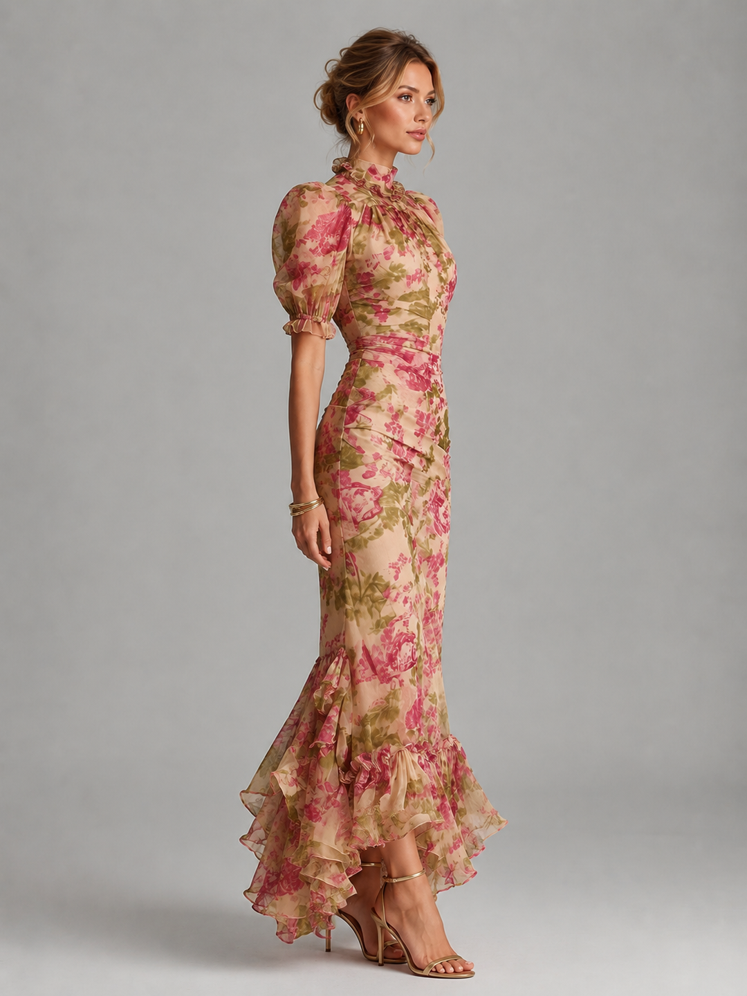 Pink floral puff sleeve maxi dress for women, featuring a romantic fishtail design, perfect for elegant wear.