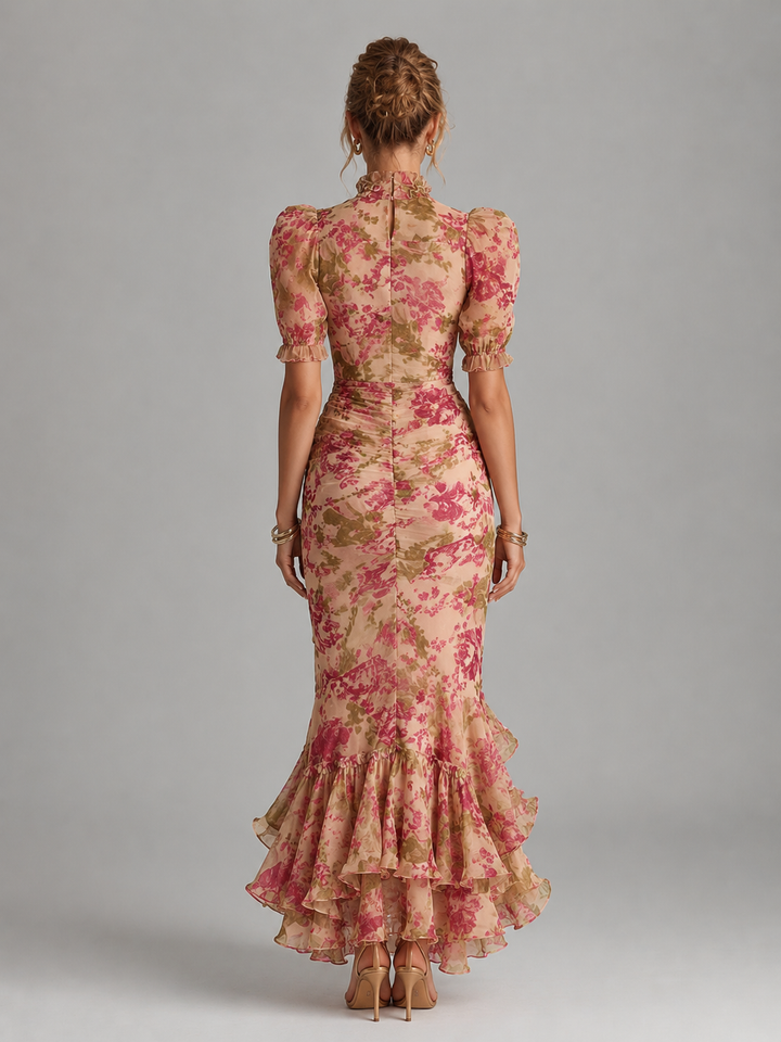 Romantic women's floral puff sleeve maxi dress with a sophisticated fishtail silhouette for formal events.
