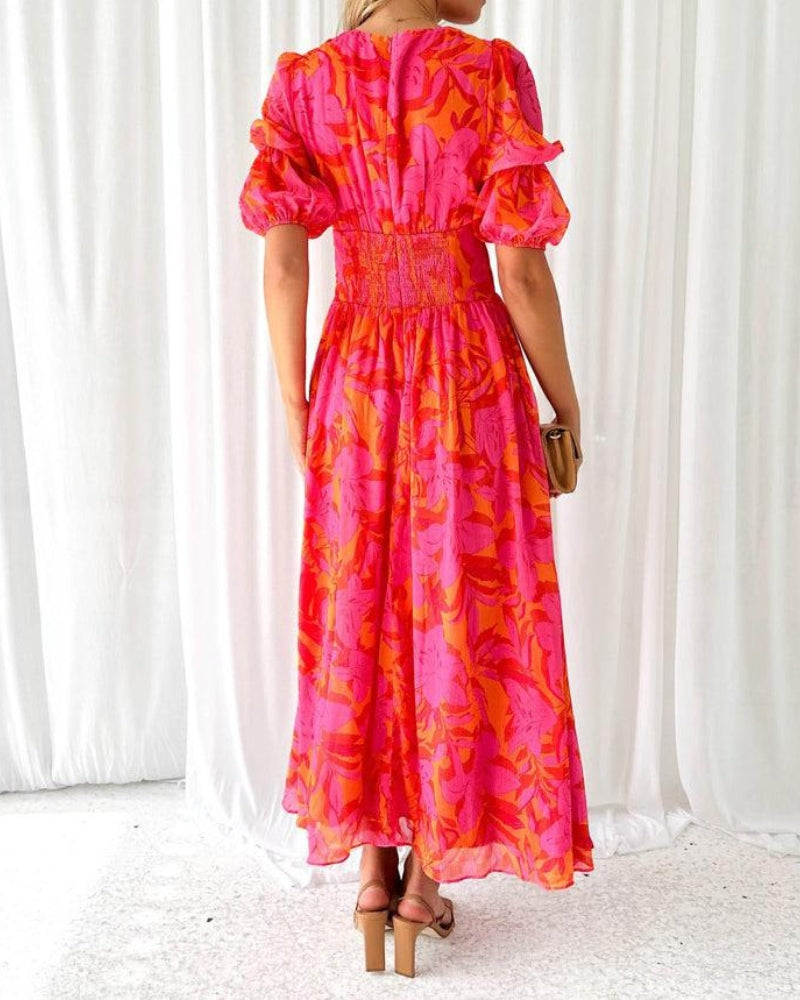 Romantic puff sleeve maxi dress for women, elegant fashion. Statement sleeves for occasion wear.