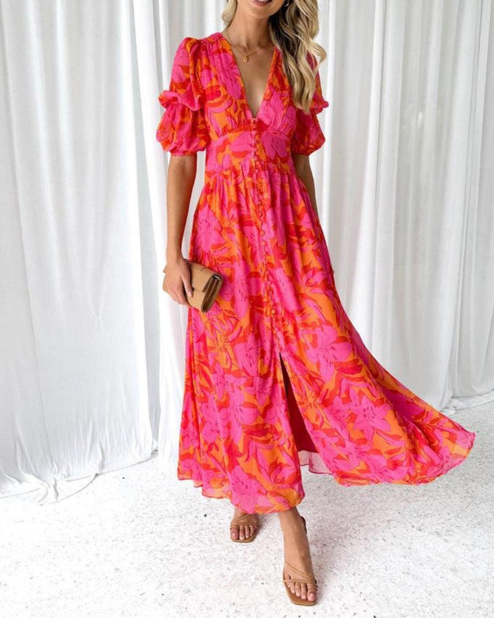Women's elegant dreamy maxi dress with romantic puff sleeves. Ideal for parties & summer occasions.