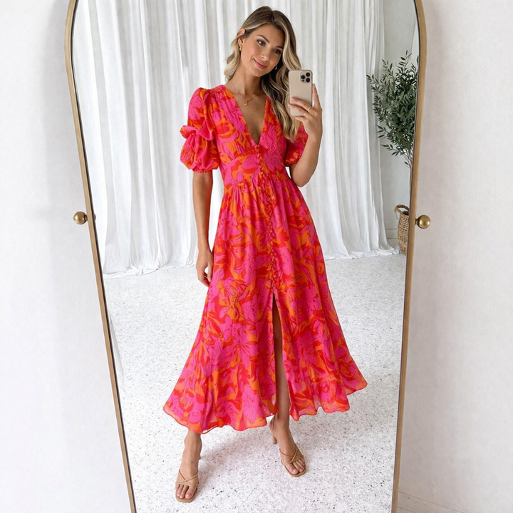 Elegant women's fashion: a dreamy romantic maxi dress with striking puff sleeves. Perfect for events.
