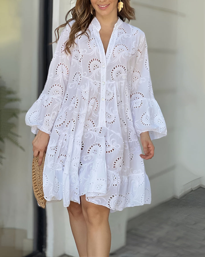 Women's Roselyne elegant summer V-neck midi dress with comfortable 7/8 sleeves. Lightweight and stylish for any occasion.