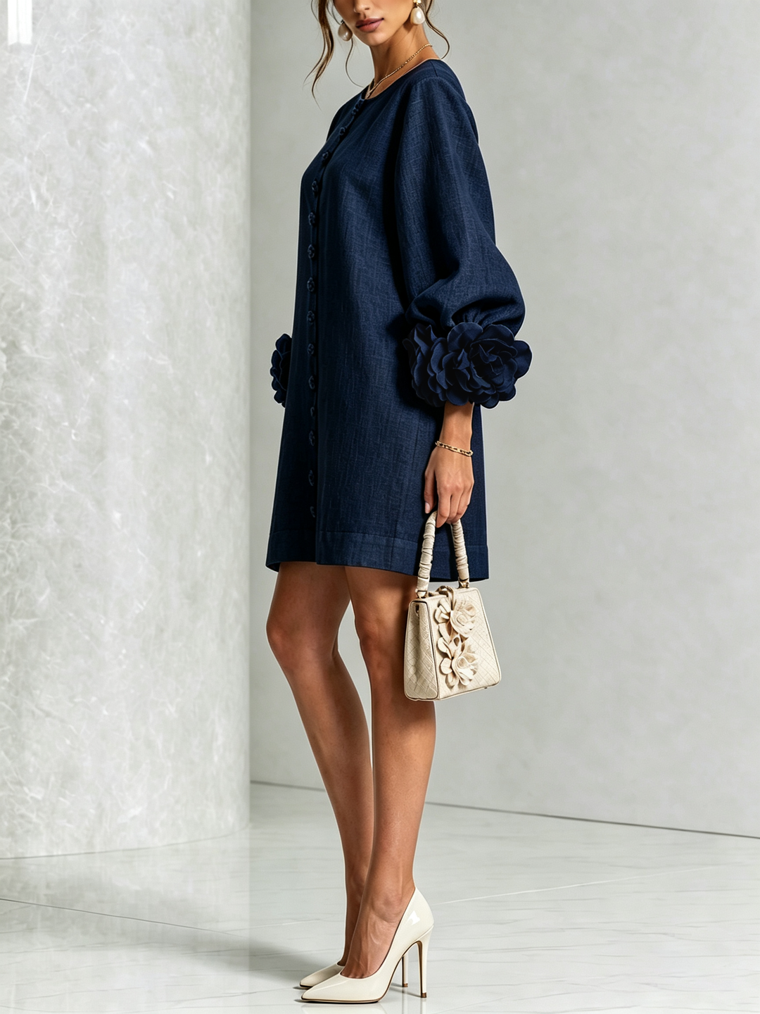 Women's casual round neck mini dress, long sleeves & flattering A-line shift silhouette.