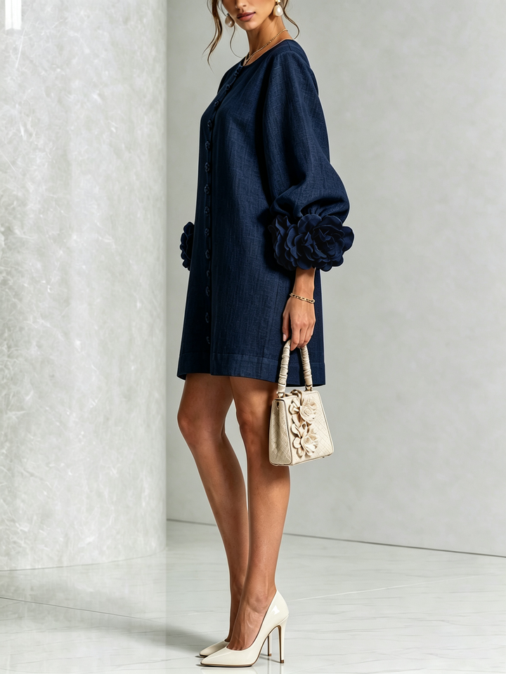 Women's casual round neck mini dress, long sleeves & flattering A-line shift silhouette.