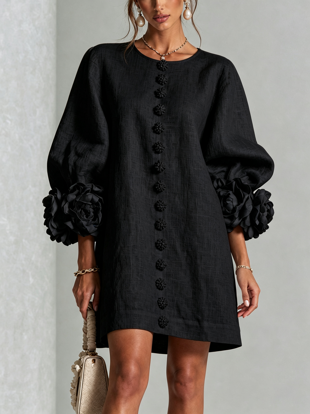 Stylish A-line long sleeve mini shift dress for women, with a chic round neckline.