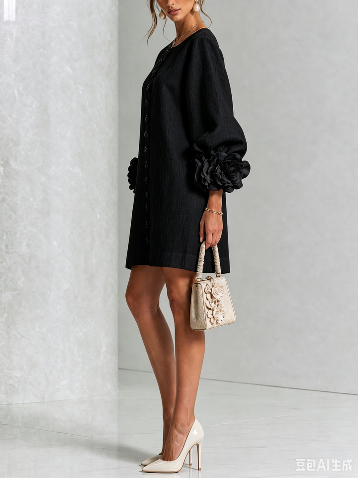 Button front women's mini shift dress with long sleeves and a sophisticated round neck.