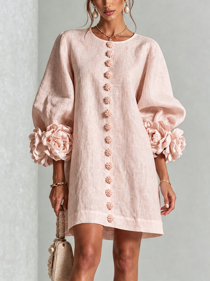 Women's A-line mini shift dress featuring long voluminous sleeves & a classic round neck.