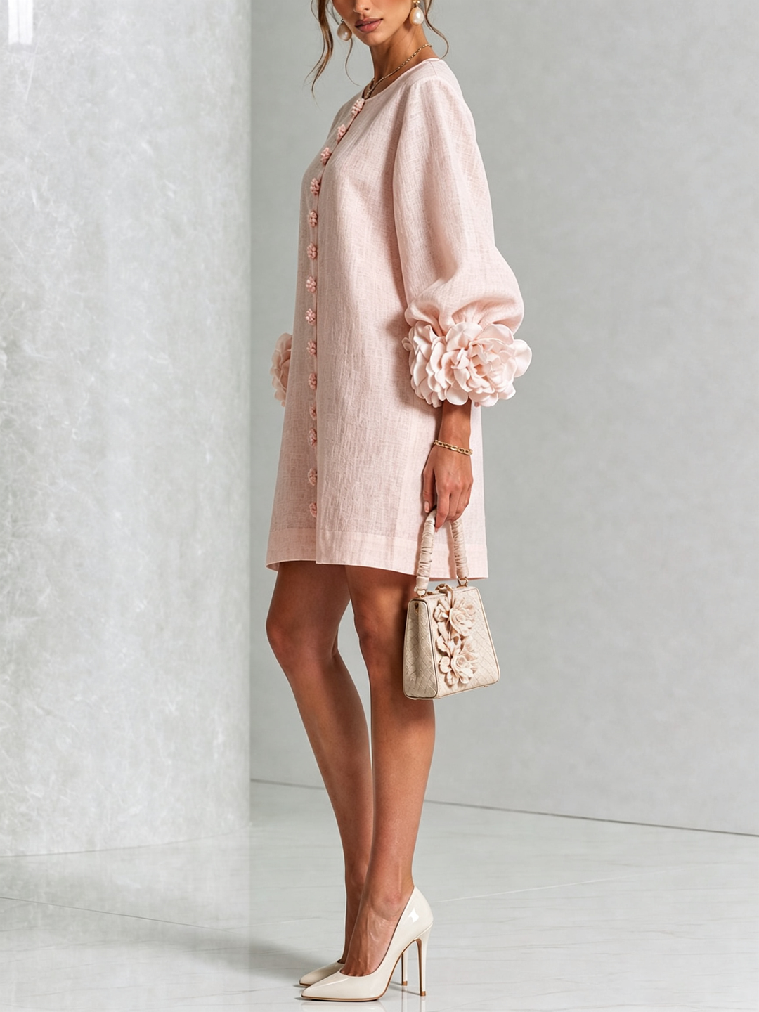 Floral detail women's casual dress, mini length, round neck & long sleeves. Spring fashion.