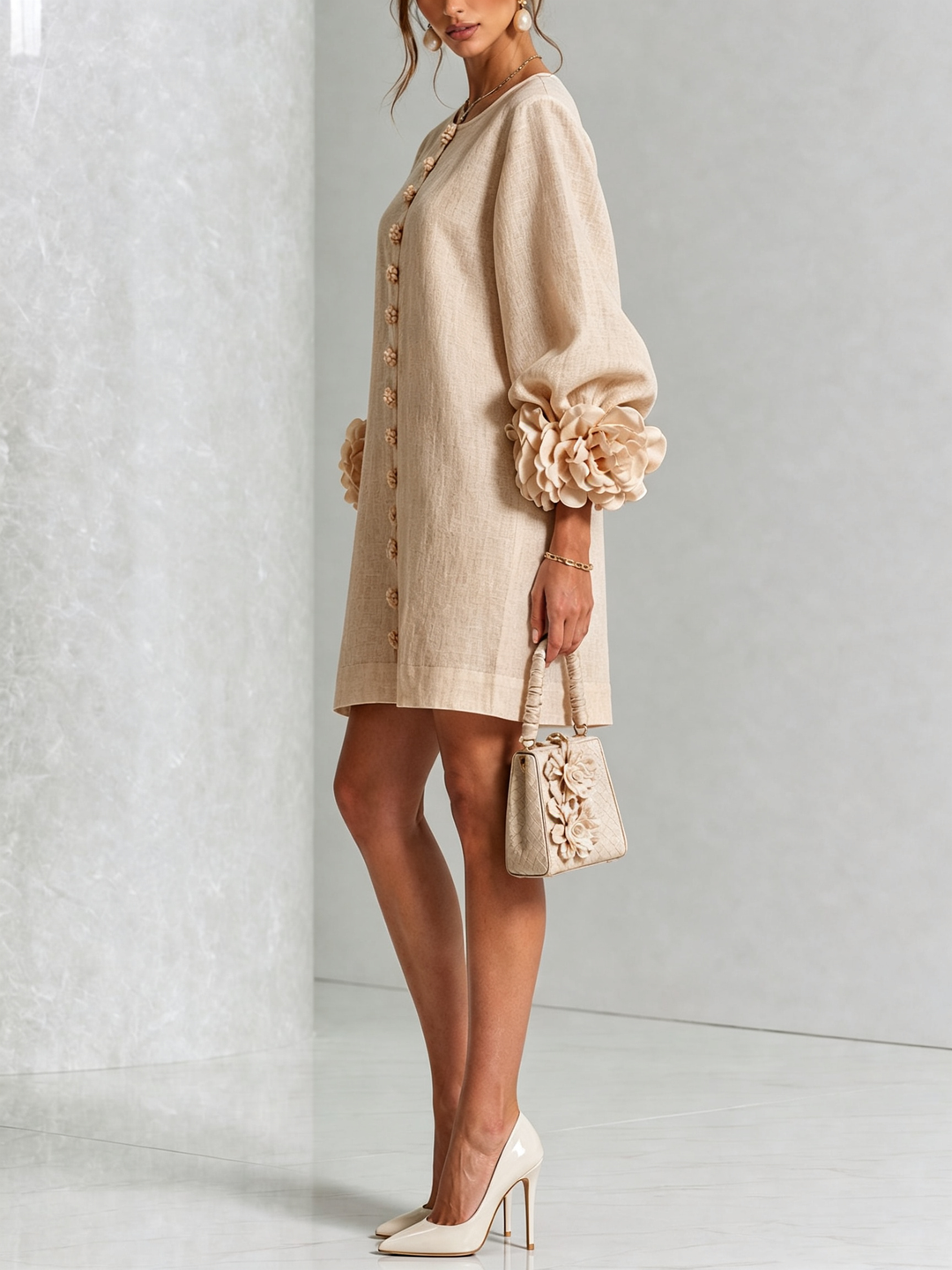 Stylish women's mini dress with a round neck, long sleeves, and a subtle floral print.