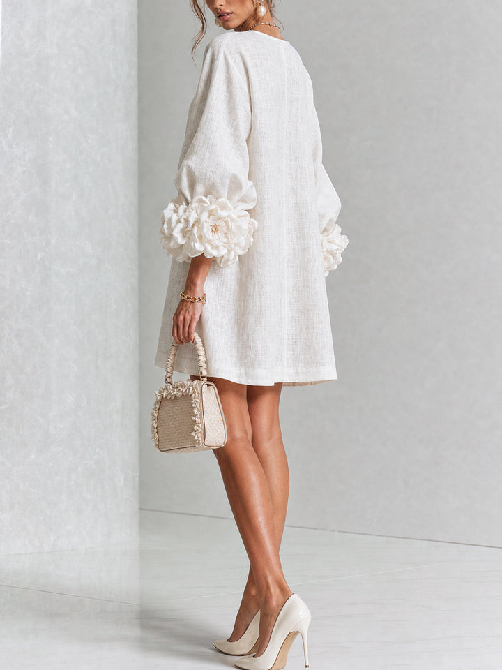 Stylish women's A-line shift dress, mini length, long sleeves & button front. Spring fashion.