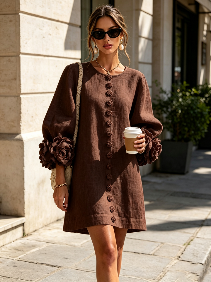 Button front round neck mini shift dress for women. Long sleeves, perfect for casual wear.