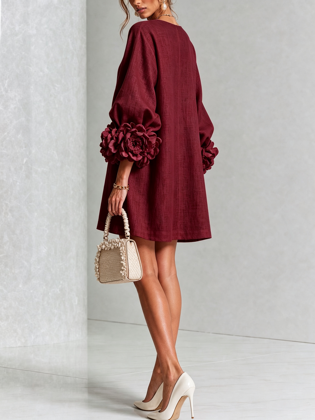 Chic women's long sleeve mini dress, round neck, floral design, ideal for spring events.