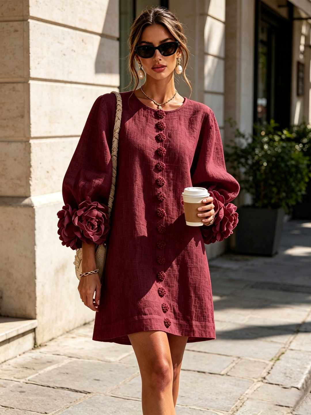 Casual round neck long sleeve mini shift dress for women, perfect for everyday summer fashion.