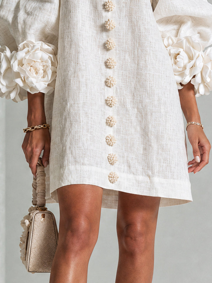 Women's button front mini shift dress, long sleeve & round neck. Great for spring outings.