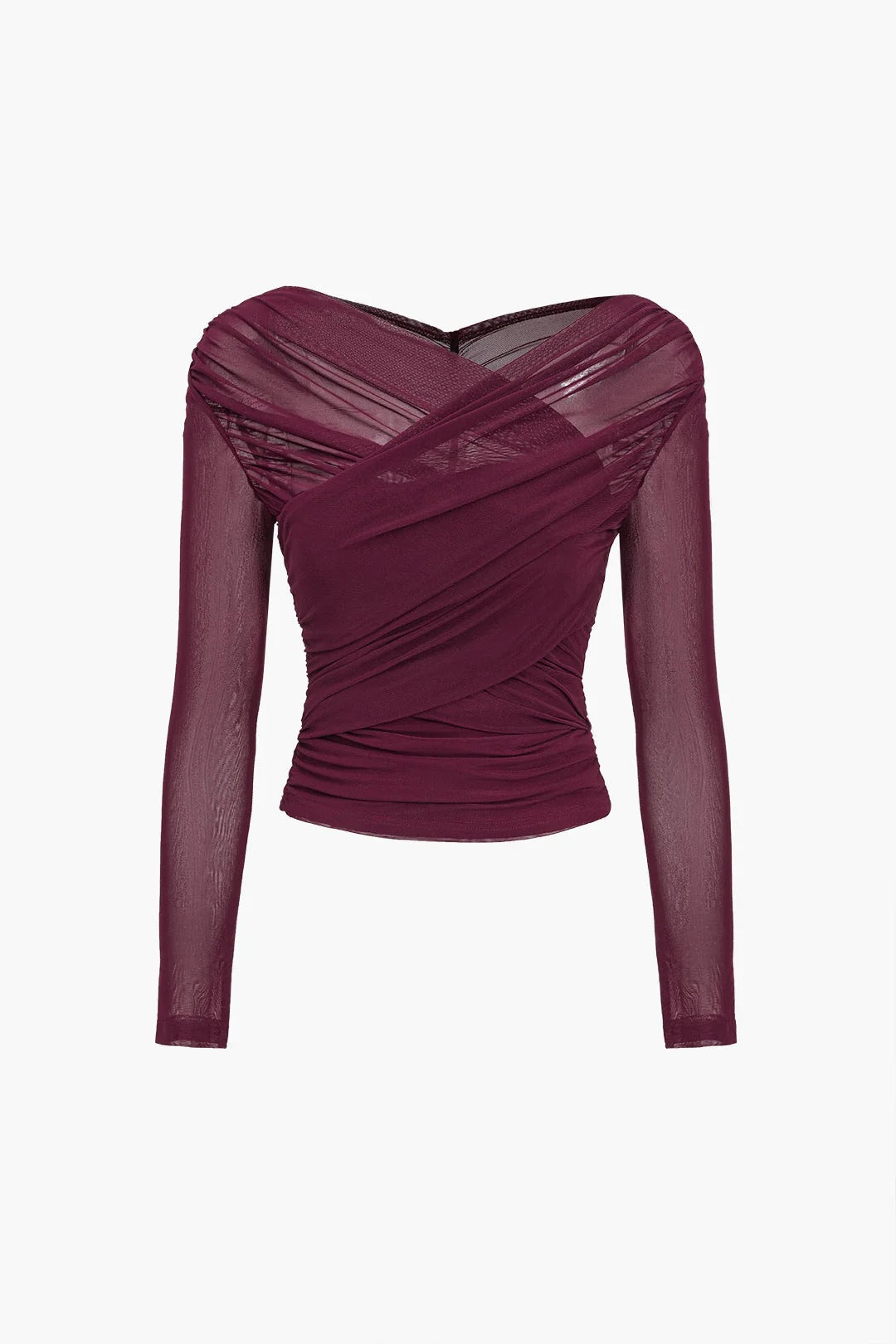 Elegant women's ruched long sleeve top with a unique cross-front detail, ideal for evening wear.