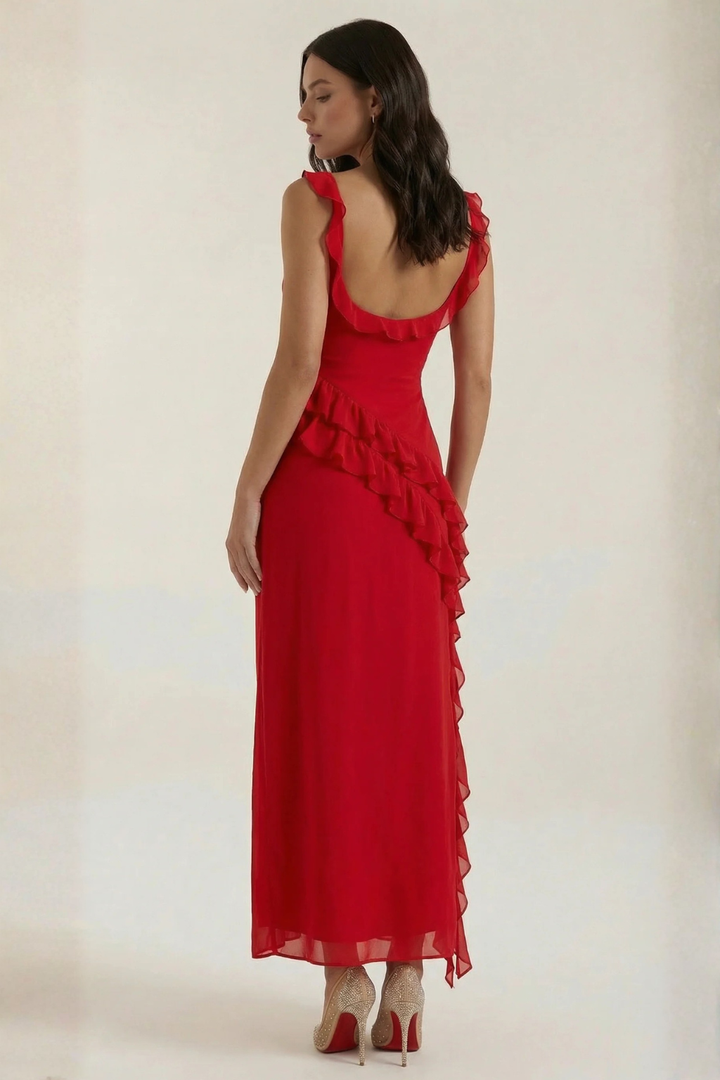 Women's elegant ruffle dress, side slit detail, perfect for graduation, cocktail, or special parties.