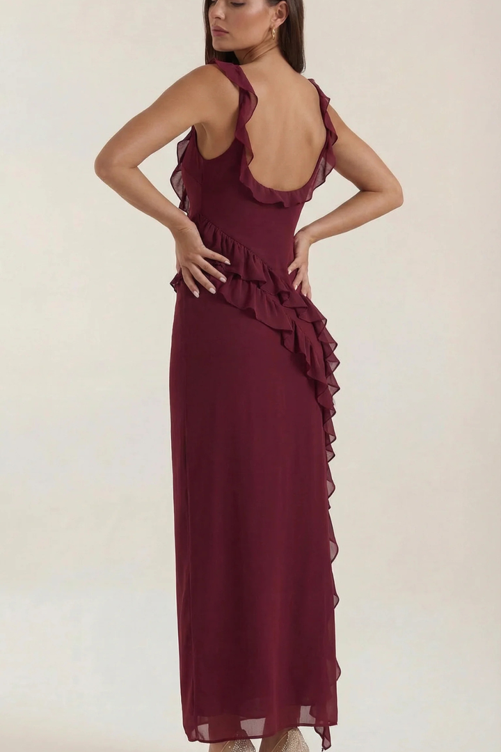 Elegant women's ruffle dress with side slit, versatile for graduation, parties, and semi-formal events.