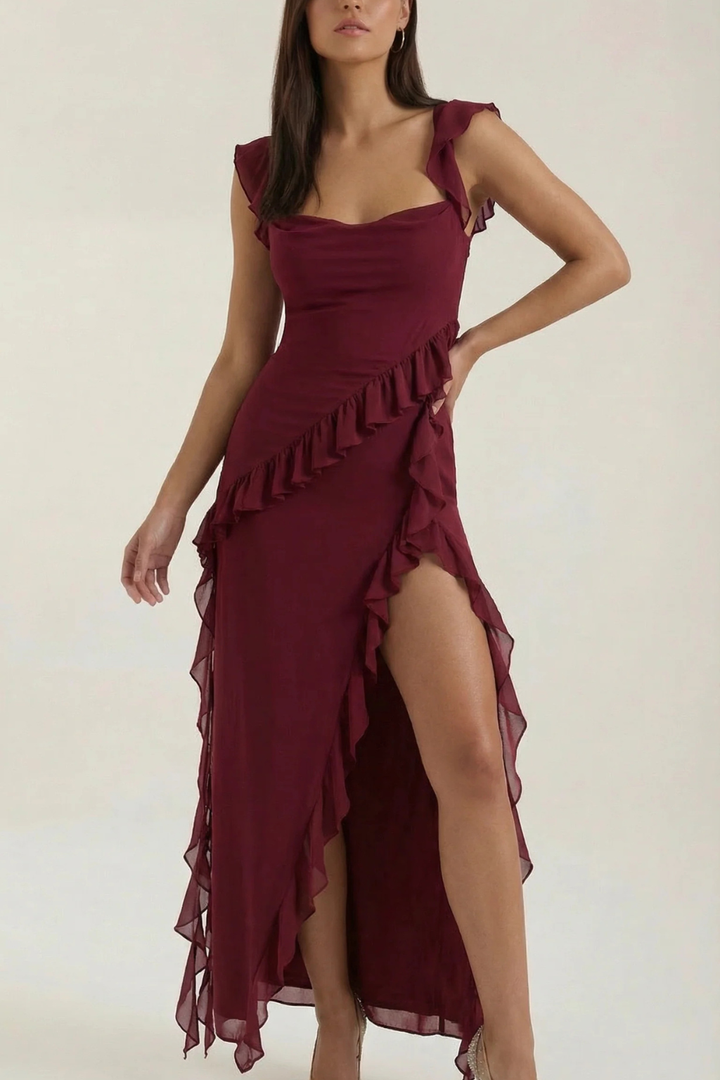 Festive women's ruffle party dress, elegant side slit, sleeveless, ideal for special occasions.