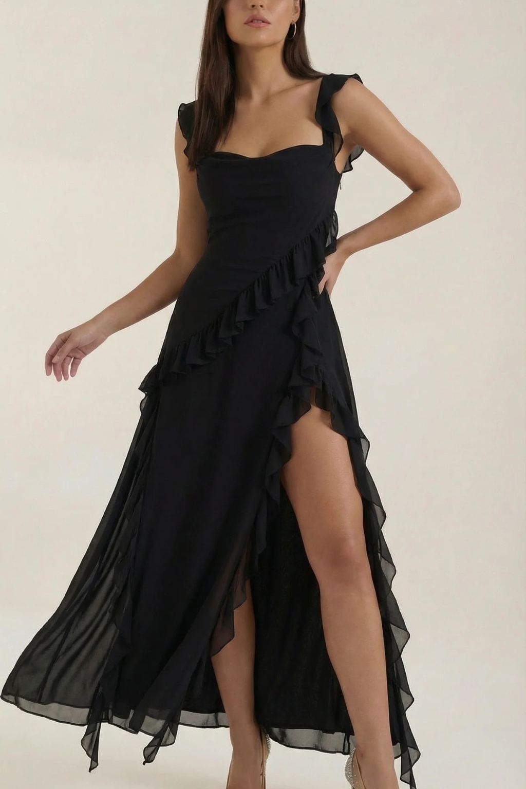 Fashionable women's ruffle dress with an elegant side slit, knee-length for graduation & events.