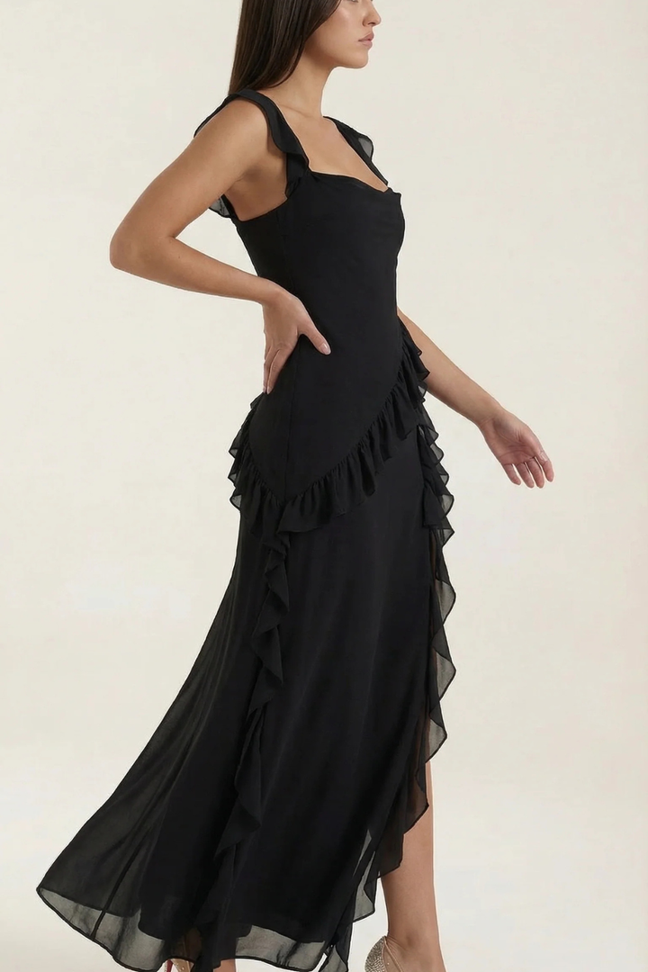 Contemporary women's ruffle dress, elegant side slit, sleeveless, perfect for semi-formal parties.