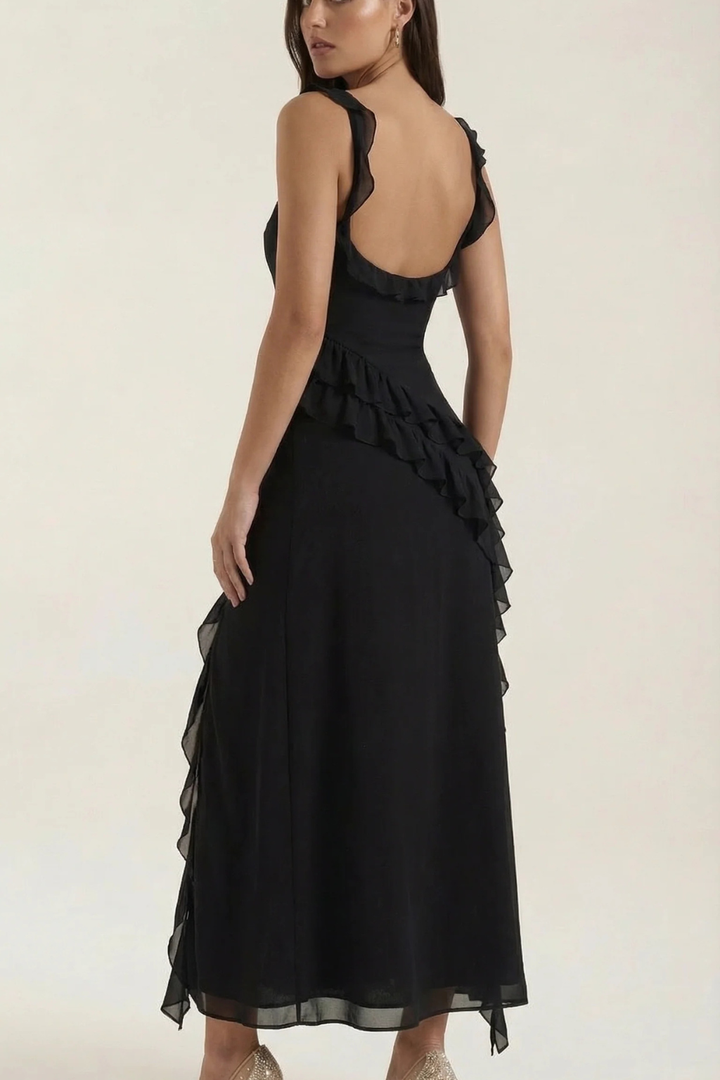 Graceful women's ruffle graduation dress, elegant side slit, knee-length, suitable for sophisticated events.