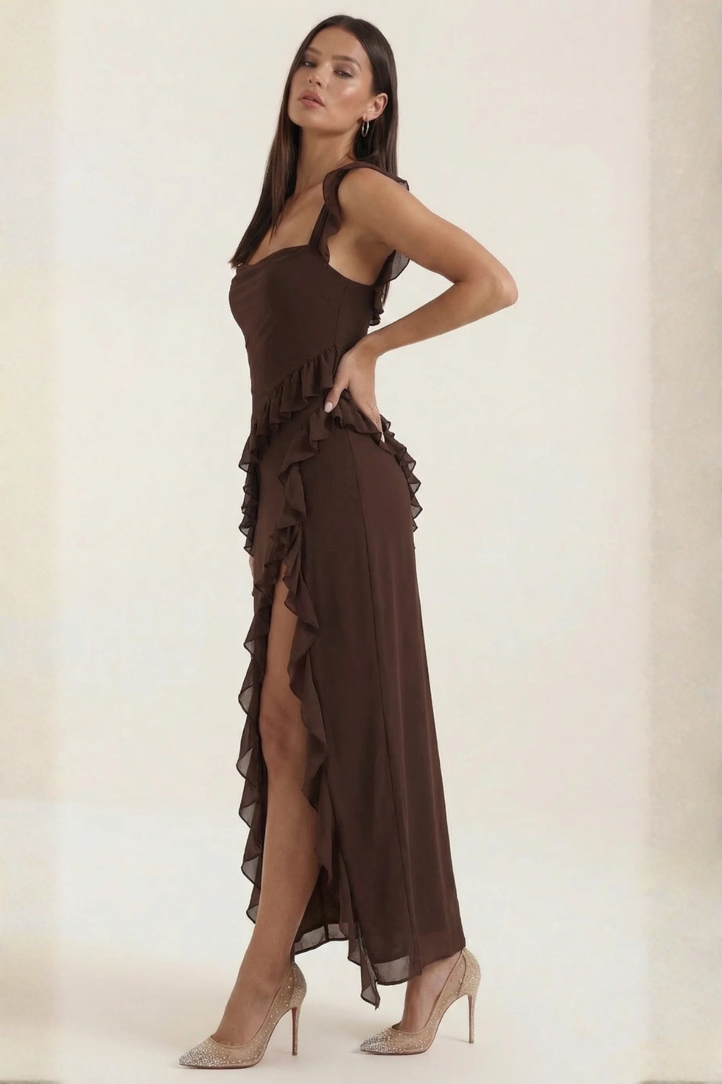 Sophisticated ruffle graduation dress with a stylish side slit, ideal for special occasions & events.