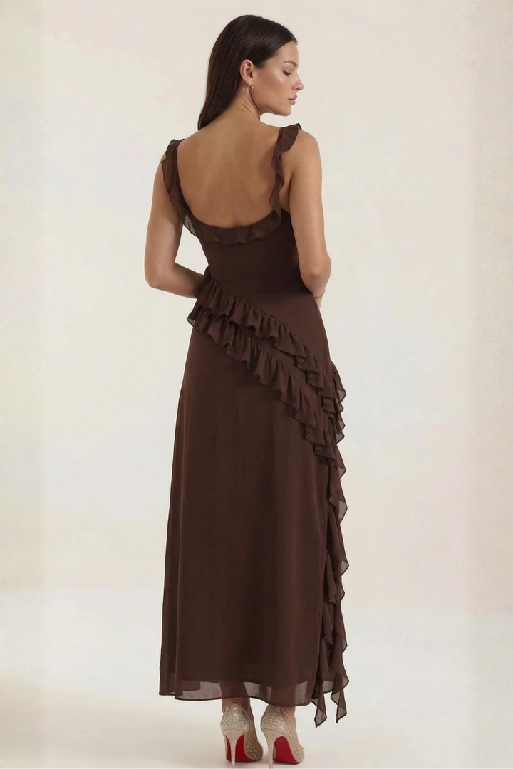 Elegant women's sleeveless ruffle dress, knee-length design with a chic side slit for parties.
