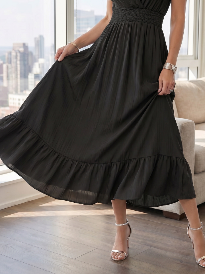 Women's comfortable summer midi dress, v-neck, ruffle sleeves, smocked waist, and flowy silhouette.