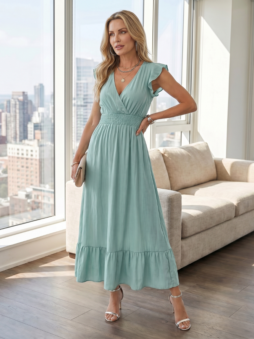 Elegant women's tiered midi dress with ruffle sleeves, v-neck, and comfortable smocked waist.