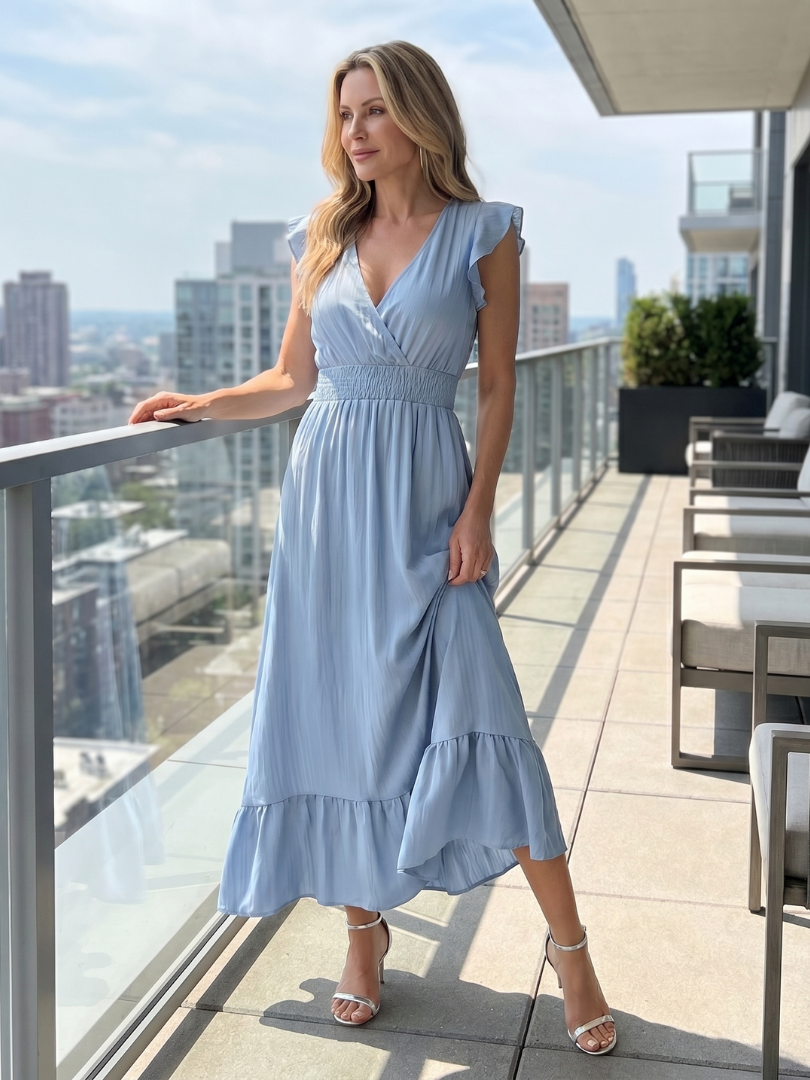 Comfortable elegant women's midi dress, v-neck, ruffle sleeves, smocked waist, perfect for summer.