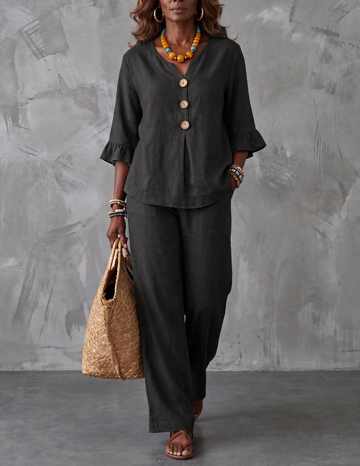 Women's ruffle sleeve top & wide leg trouser set, perfect for casual chic spring/summer fashion.