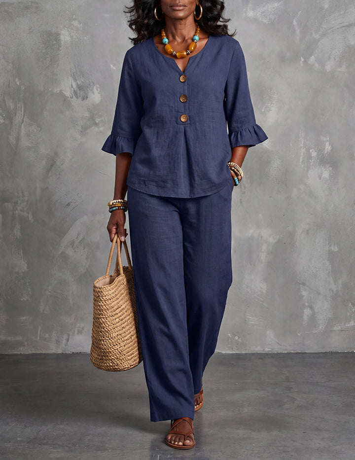 Stylish women's ruffle sleeve top, part of a comfortable two-piece wide leg trouser set for versatile wear.