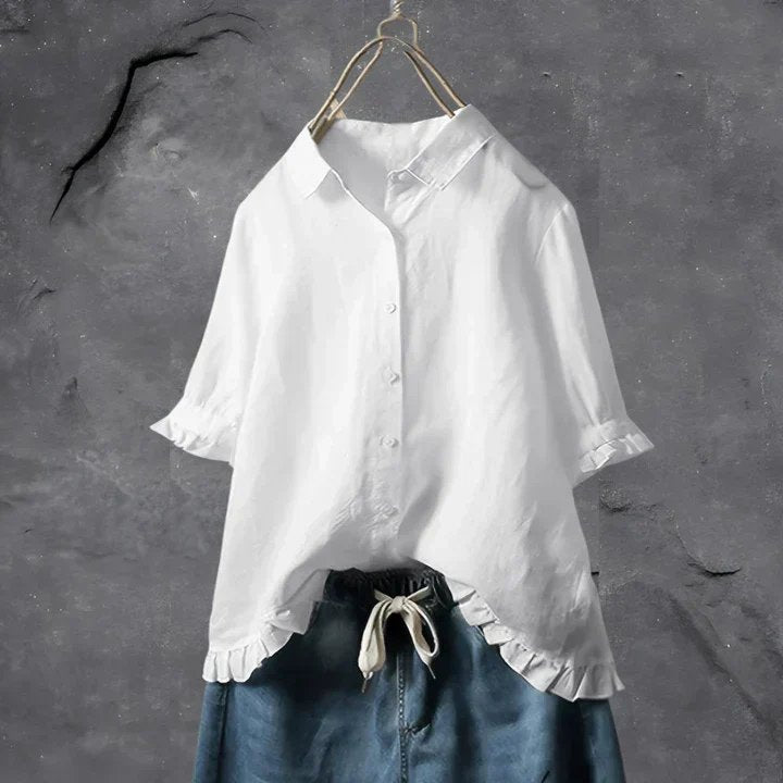 Women's ruffle-trim linen button-down shirt. Perfect oversized top for chic summer casual & beach style.