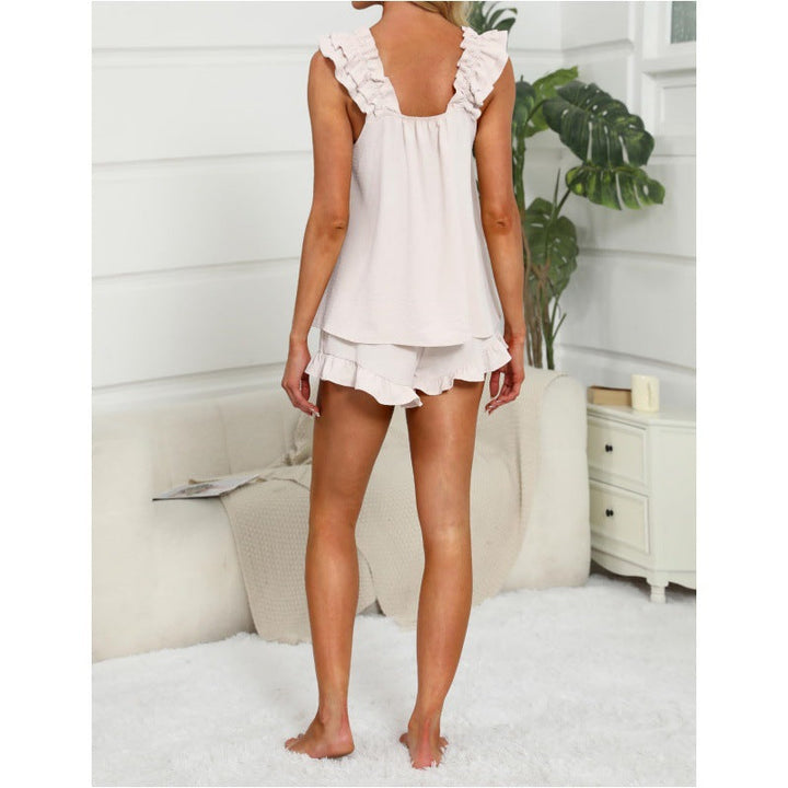 Casual women's two-piece shorts and ruffle trim sleeveless top set, great for summer outfits.