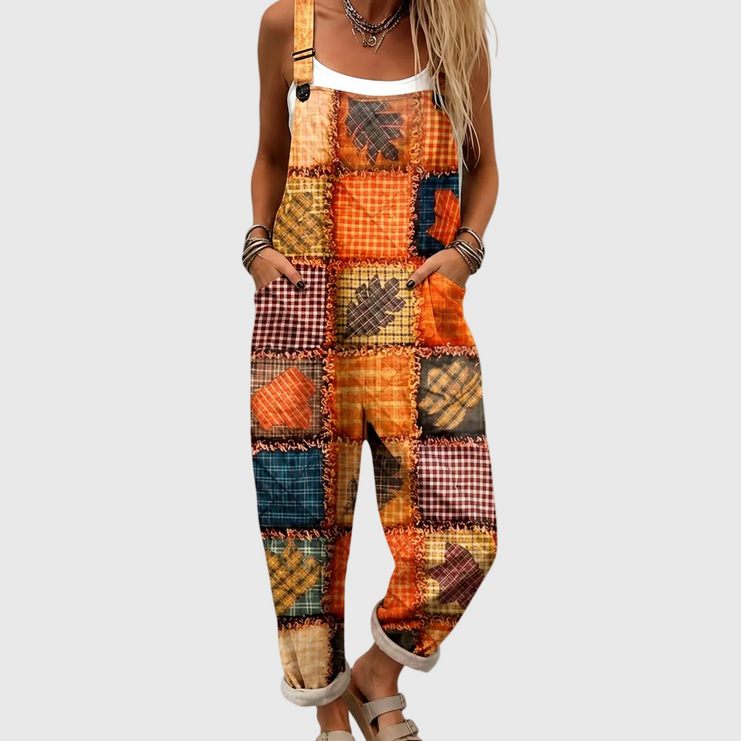 Women's rustic patchwork relaxed fit overalls. Comfortable casual jumpsuit for unique everyday style.