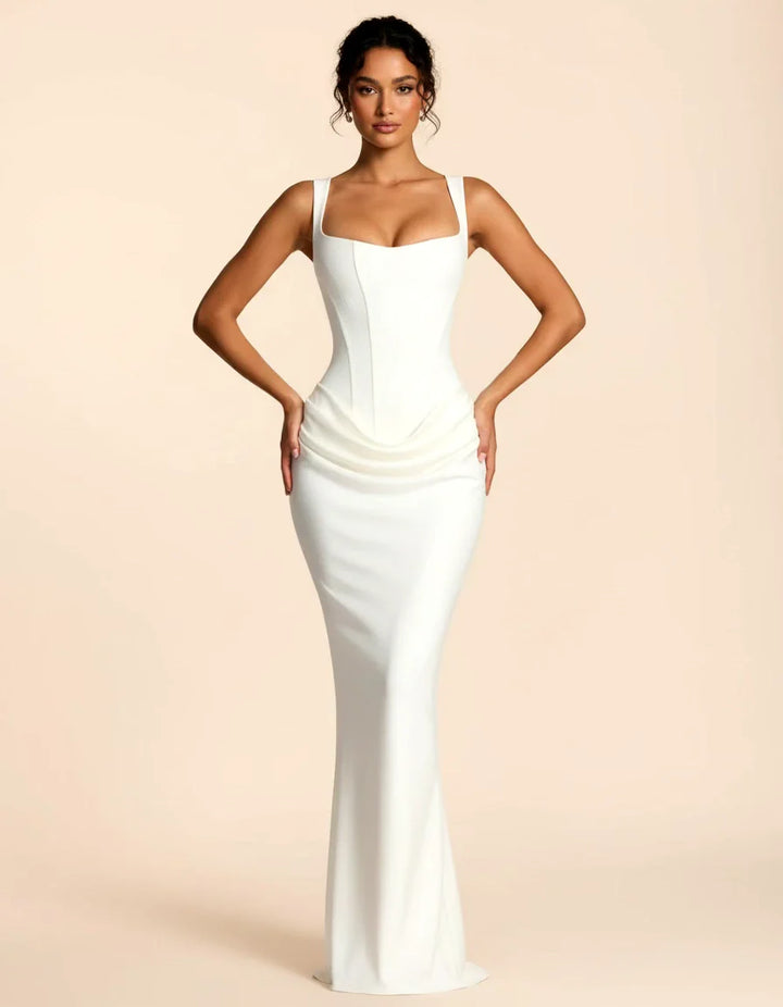 Women's sculpted elegant midi dress, perfect for formal occasions, evening wear, or parties. Chic & flattering.