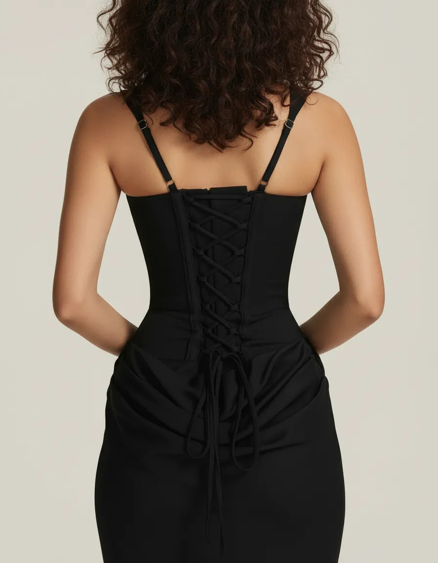 Sophisticated women's sculpted midi dress, perfect for elegant day to night transitions and special events.