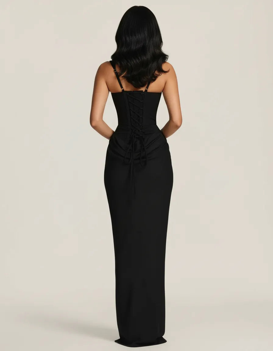 Formal women's midi dress, sculpted and modern. An elegant choice for parties, evening wear, & occasions.