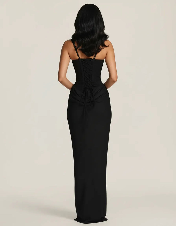 Formal women's midi dress, sculpted and modern. An elegant choice for parties, evening wear, & occasions.