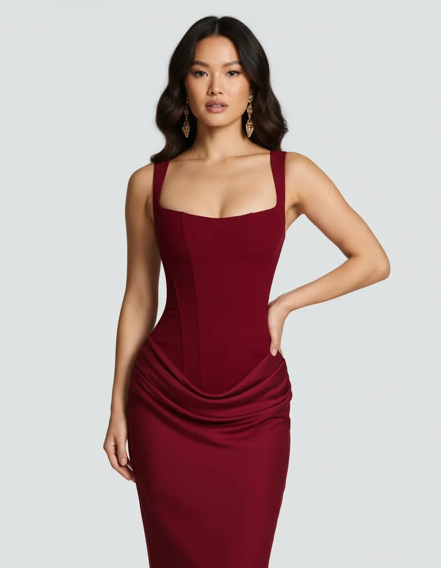Elegant sculpted midi dress for women, ideal for formal parties, evening gowns, and versatile occasions.