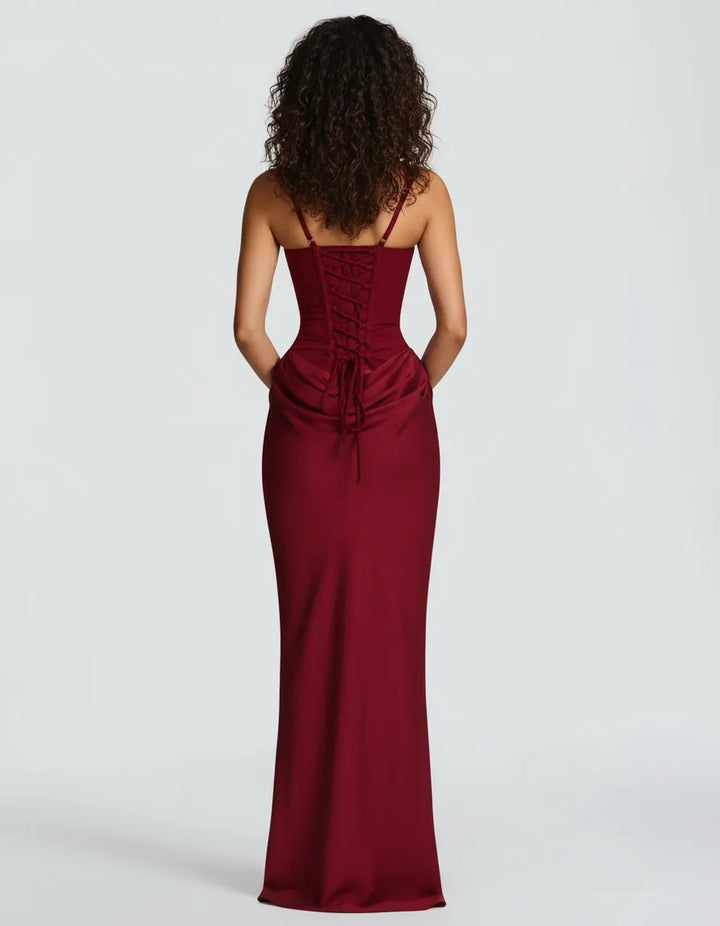 Chic women's formal midi dress with a sculpted design, offering a sophisticated and flattering evening look.