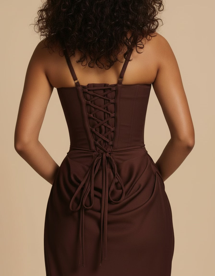Elegant women's modern midi dress, sculpted design for a chic and sophisticated occasion wear look.