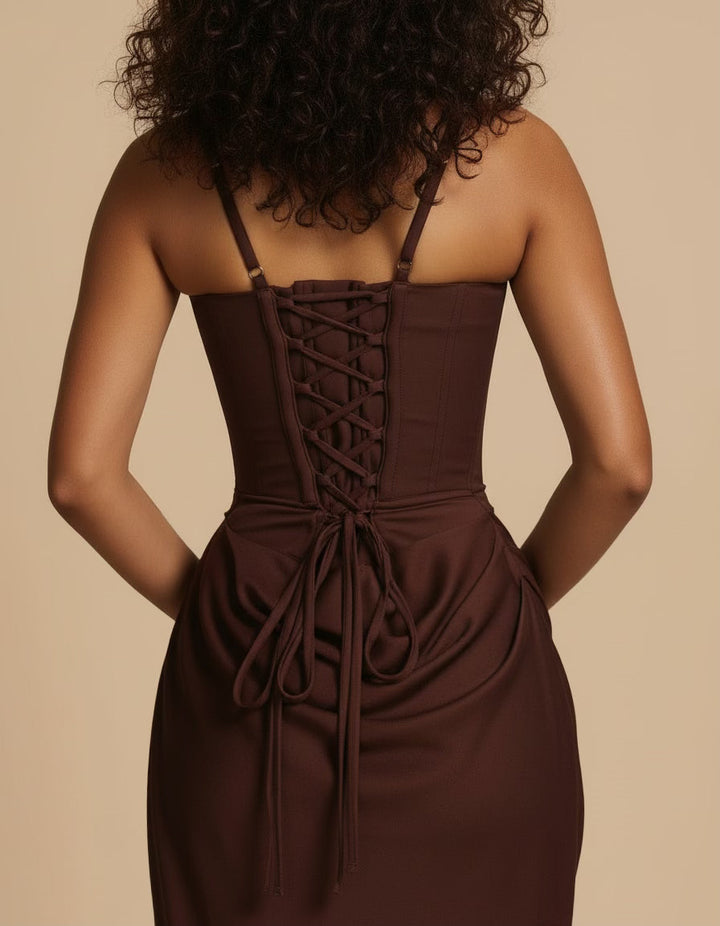 Elegant women's modern midi dress, sculpted design for a chic and sophisticated occasion wear look.