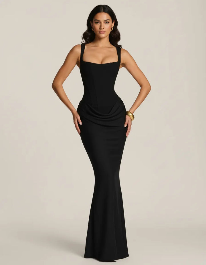 Sculpted women's evening gown midi dress. Versatile and elegant for any formal party or sophisticated event.