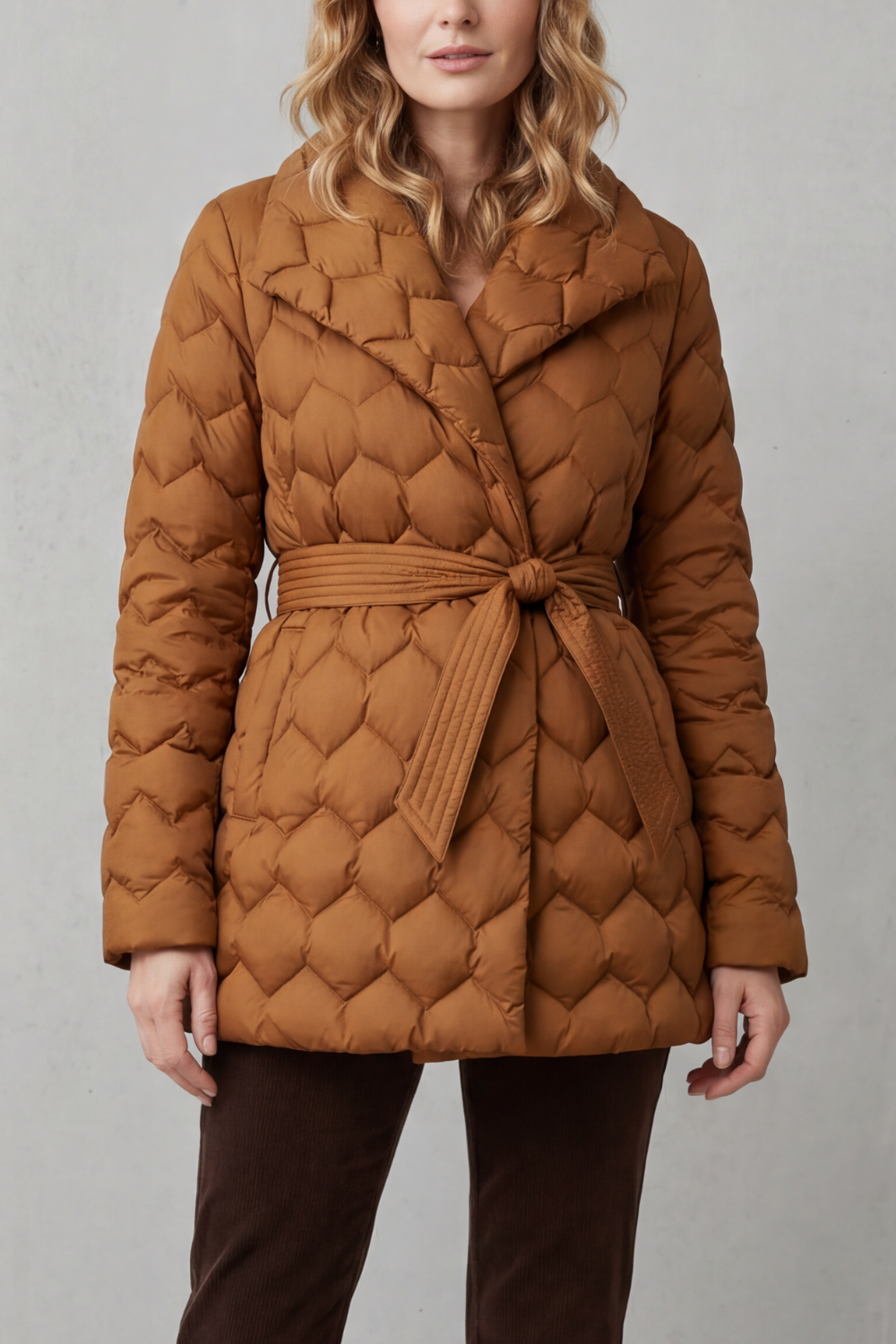 Women's sculpted quilted belted puffer jacket for a chic, warm winter fashion statement.